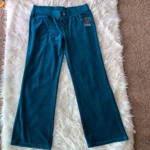 TEAL STRAIGHT LEG BLING JUICY CROWN VELOUR PANTS L